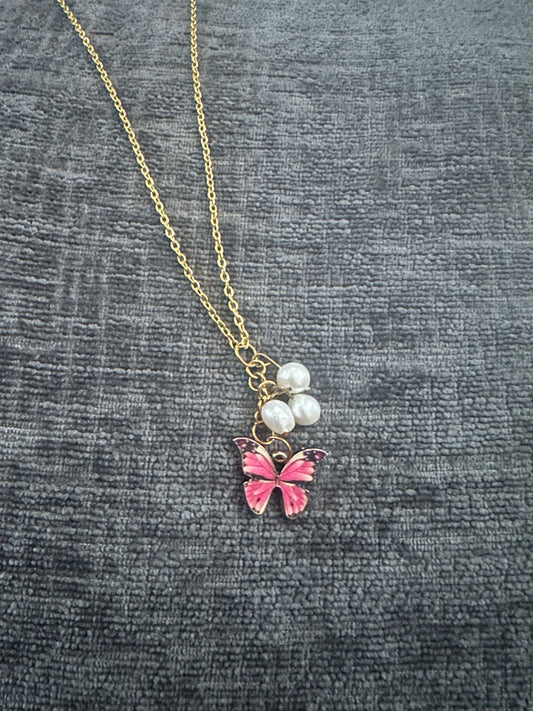 Pink Butterfly Pearl Necklace