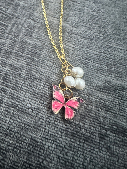 Pink Butterfly Pearl Necklace